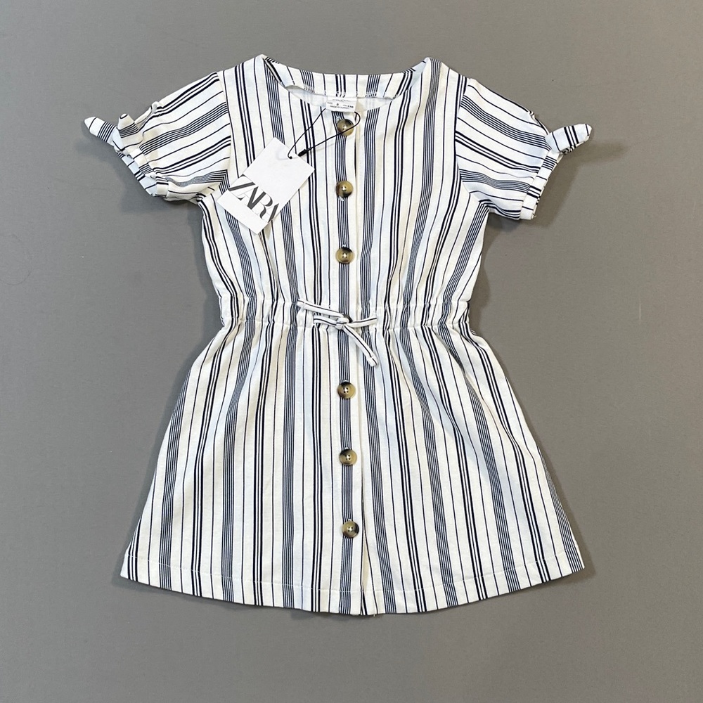 Zara White and Navy Striped Button-Front Kids Dress